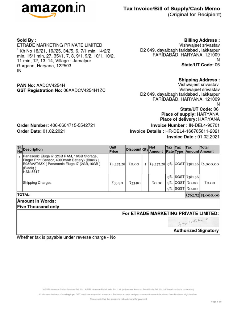 Tax Invoice and Bill of Supply Example | PDF | Invoice | Payments