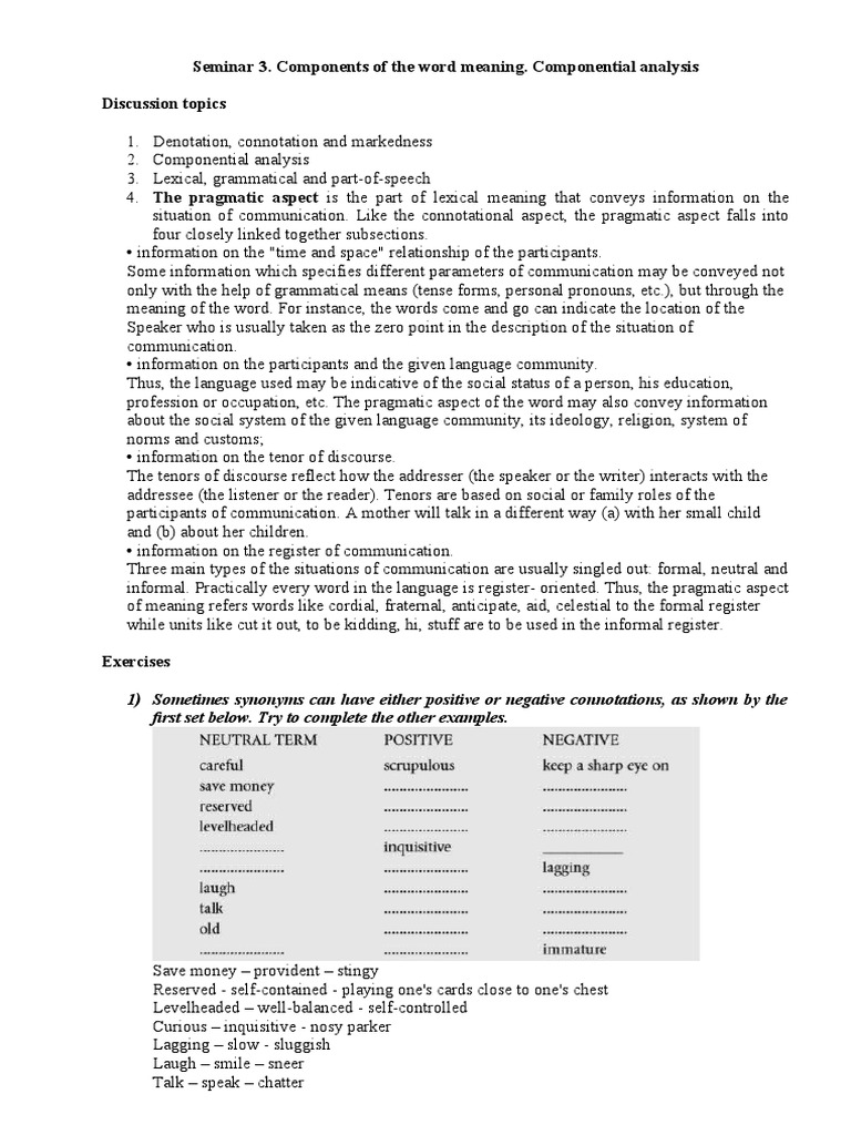Seminar 3. Components of The Word Meaning. Componential Analysis ...