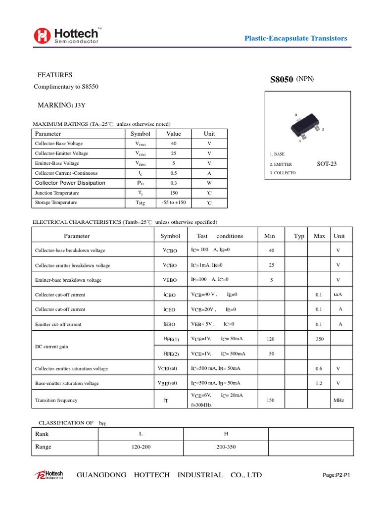 Transistor Sot23 S8050 J3Y | PDF | Bipolar Junction Transistor | Electricity