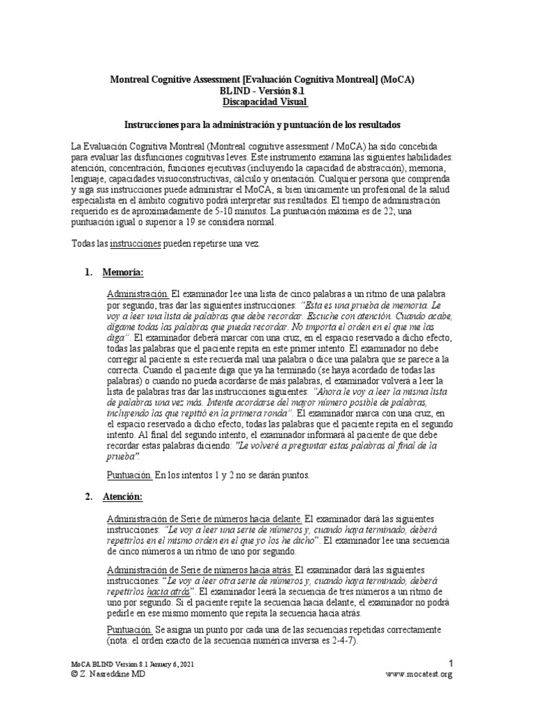 MoCA 8.1 BLIND - Spanish Instructions | PDF | Memoria | Verbo