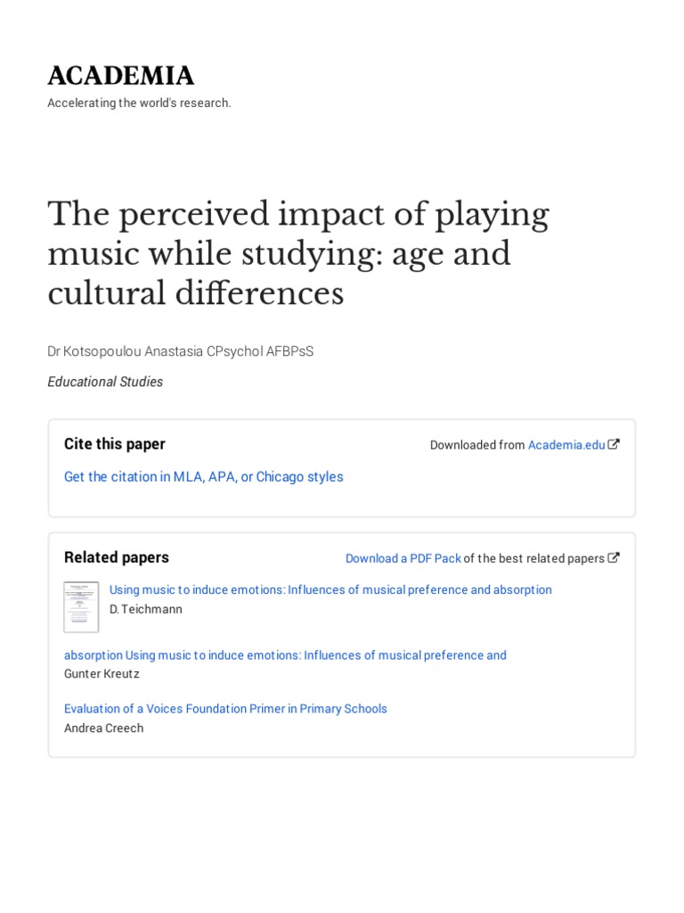 The Perceived Impact of Playing Music While Studying: Age and Cultural ...
