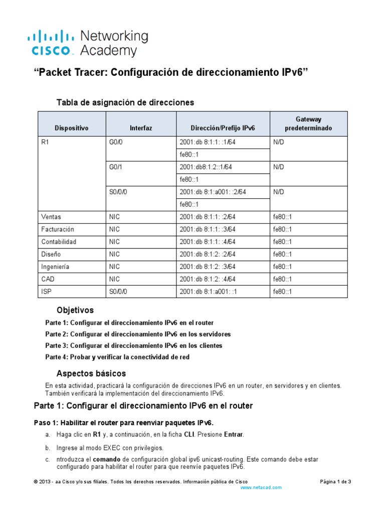Configuración de IPv6 en Packet Tracer | PDF | Yo Pv6 | Dirección IP