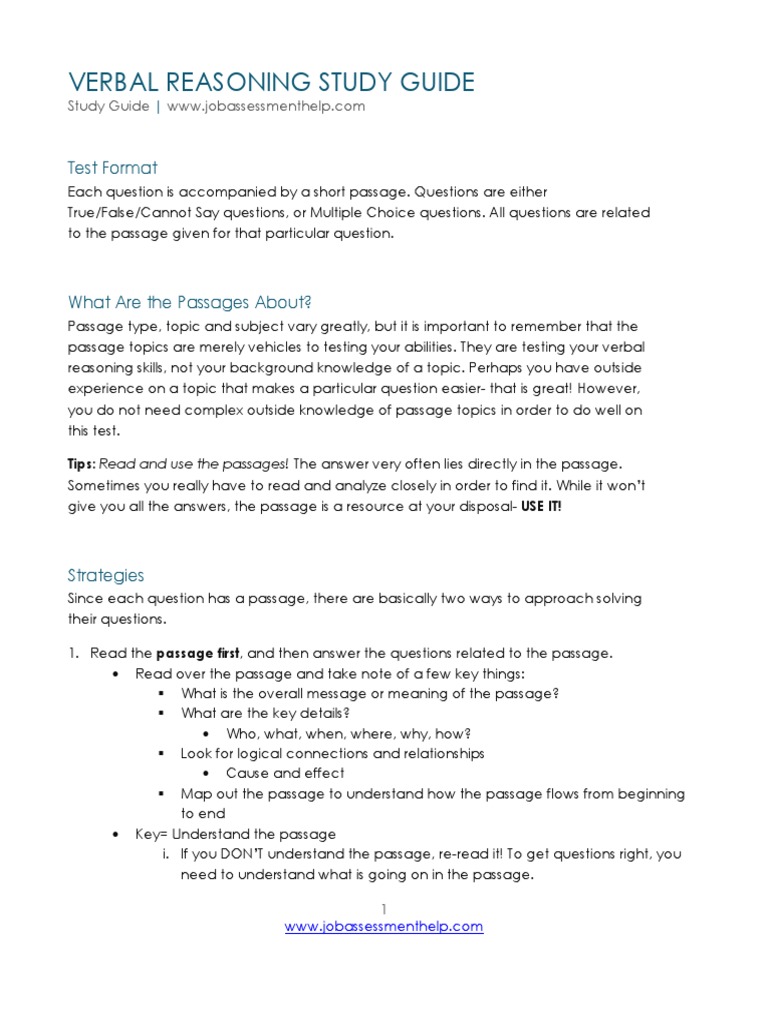 Verbal Reasoning Test Strategies Guide | PDF | Cigarette | Reading ...