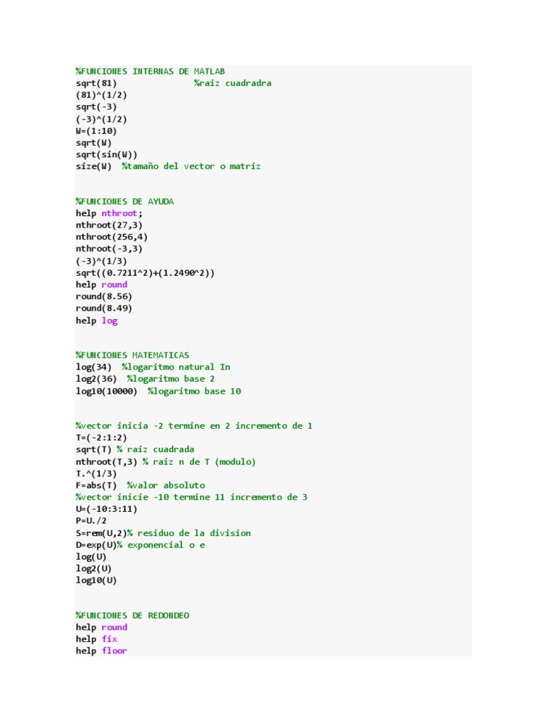 Funciones Internas de Matlab | PDF | Pi | Raíz cuadrada