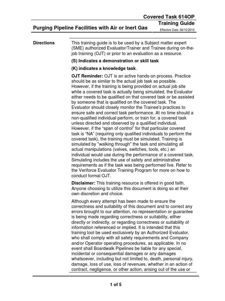 Covered Task 614OP Training Guide Purging Pipeline Facilities With Air or Inert Gas PDF