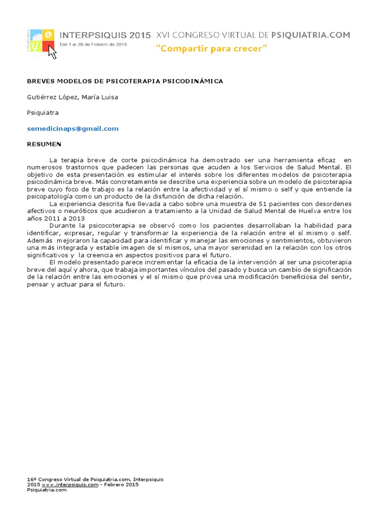 Modelos Breves de Psicoterapia Psicodinámica | PDF | Psicoterapia | Las ...