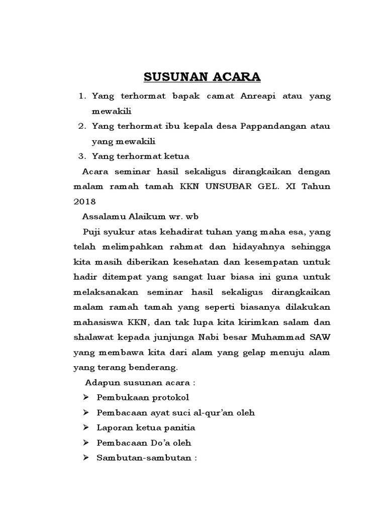 Susunan Acara Ramah Tamah KKN 2018 | PDF
