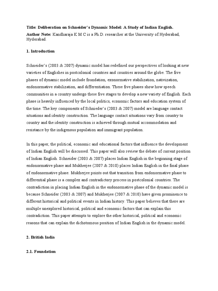 Deliberation On Schneiders Dynamic Model A Study of Indian English