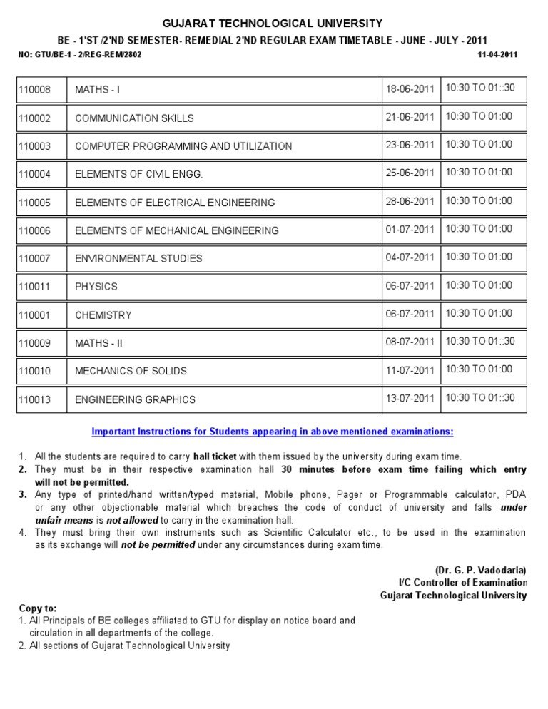 Time Table for GTU BE Sem 1-2 Regular-Remedial Examination | Test