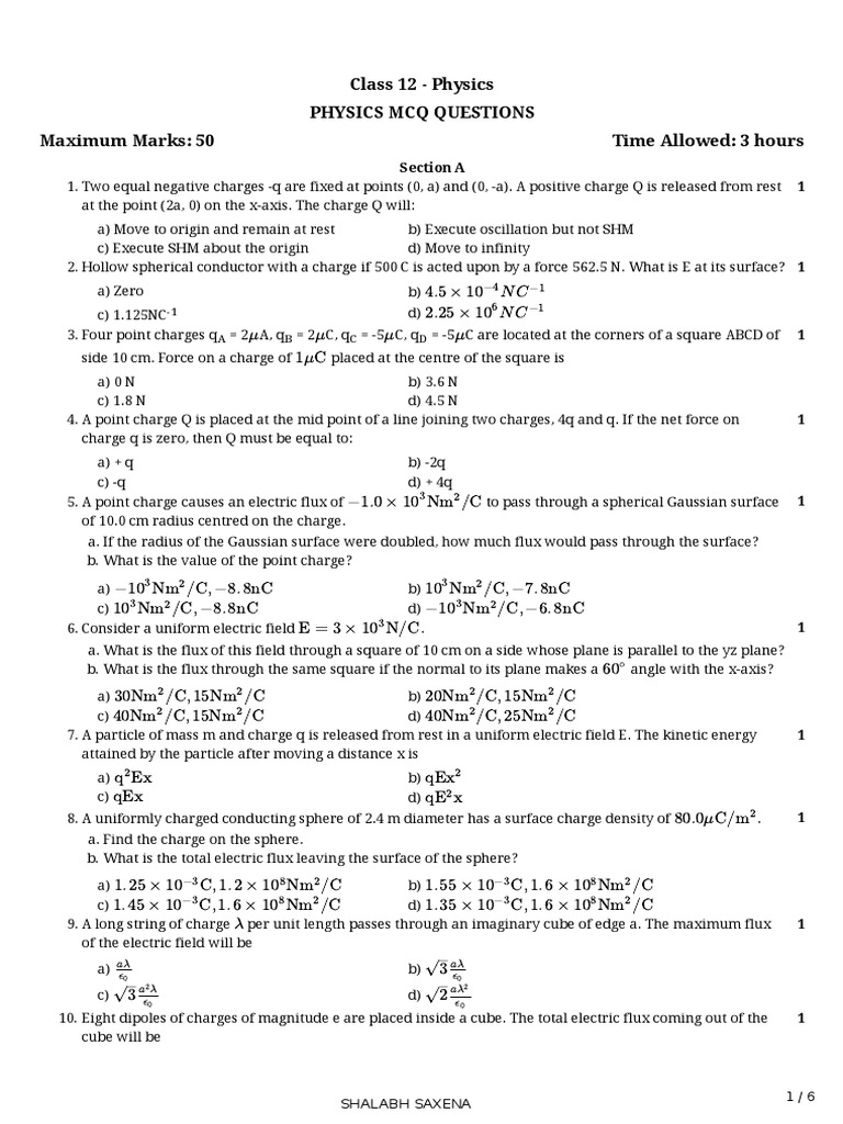 N C N C μ μ μ μ: Class 12 - Physics Physics Mcq Questions | PDF ...