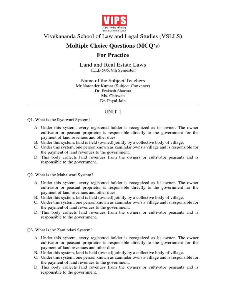 Land and Real Estate Laws (MCQ's Along With Answer Keys) 9th Semester PDF Eminent Domain
