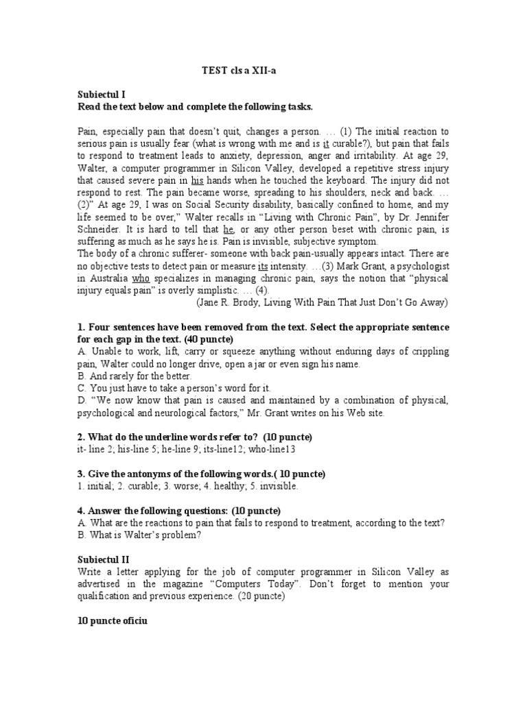 Initial Test 1 Xii | PDF | Chronic Pain | Pain