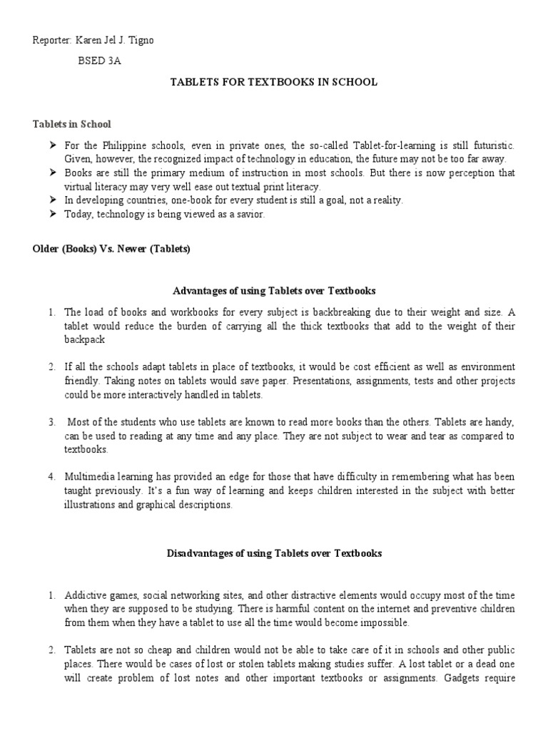 Tablets For Textbooks in Schools Tigno Karen Jel PDF Textbook