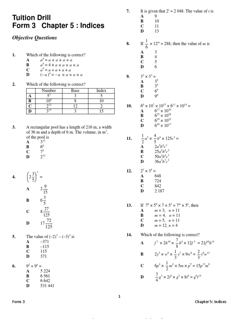 Review Exercise : Form 3 Chapter 5- Indices | Mathematics