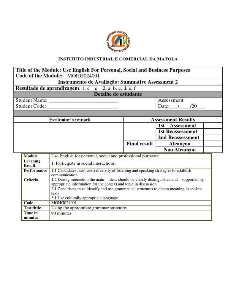 English Communication Assessment Guide | PDF | Communication | Cognition
