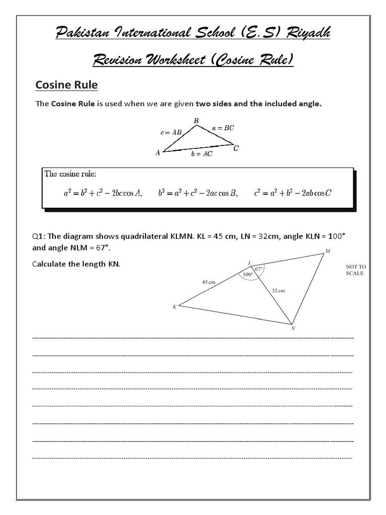 Applying the Cosine Rule: A Worksheet with Multiple Geometry Problems ...