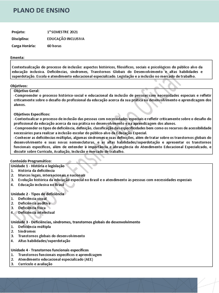 Plano de Ensino: Educação Inclusiva 2021 | PDF | Inclusão (Educação ...