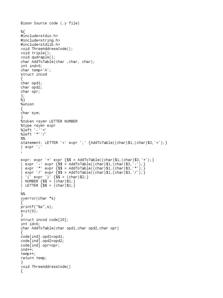 Bison Code for Three Address Generation | PDF | Parsing | Computer ...