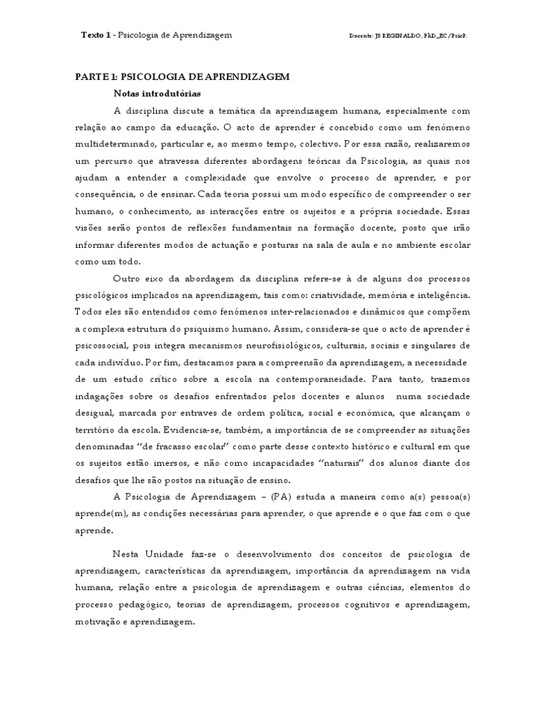 Psicologia da Aprendizagem na Educação | PDF | Aprendizado | Psicologia