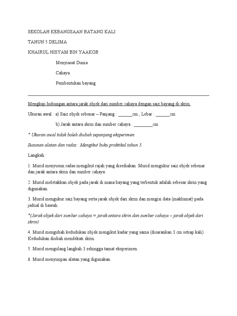 Eksperimen Cahaya Sains Tahun 5