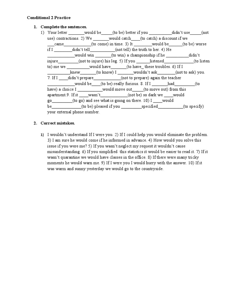 Conditional 2 Practice 1. Complete The Sentences | PDF