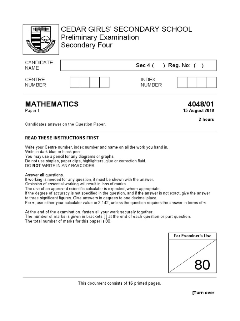 Sec 4 E Maths SA2 2018 Cedar Girls | PDF | Area | Triangle