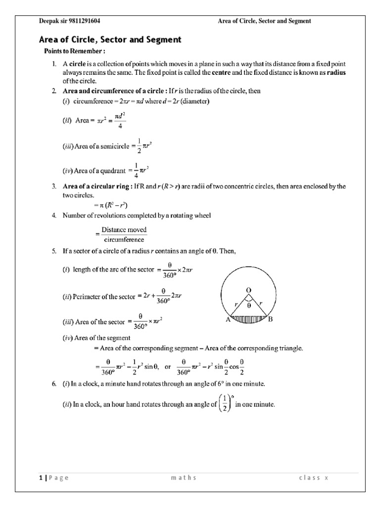 Deepak Sir 9811291604 Area of Circle, Sector and Segment | PDF | Area ...