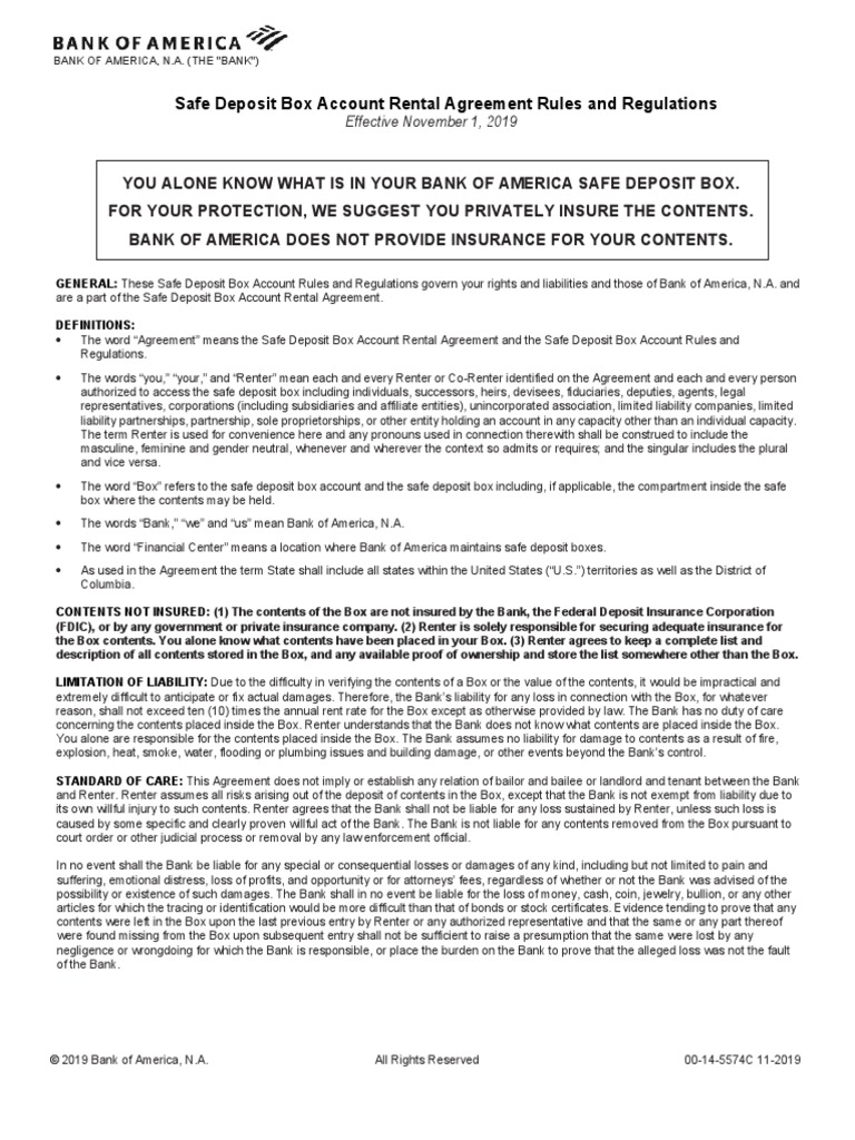 Safe Deposit Box Account Rental Agreement Rules and Regulations | PDF ...