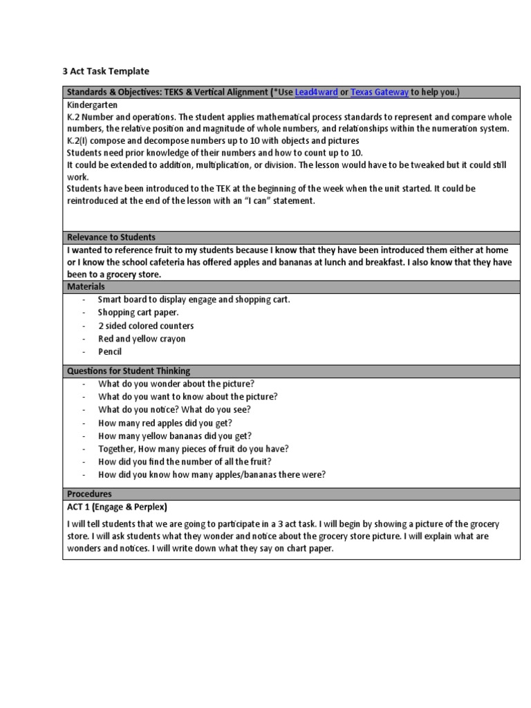3 Act Task Template Lead4ward Texas Gateway PDF Learning Cognition