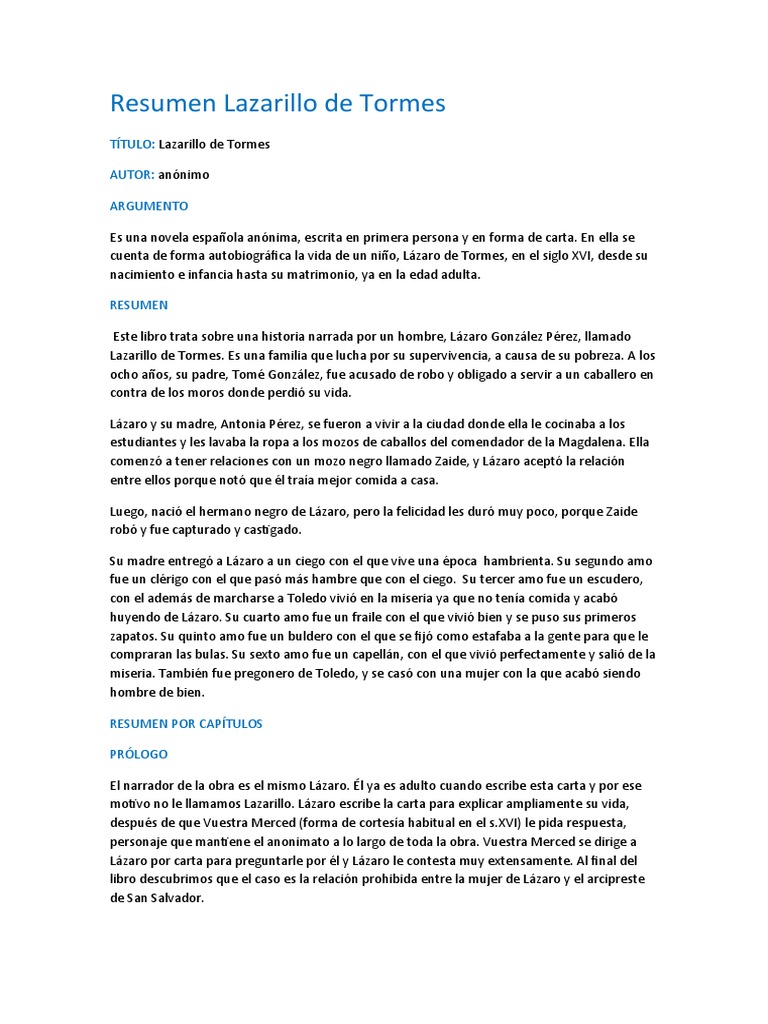 Resumen Lazarillo de Tormes | PDF