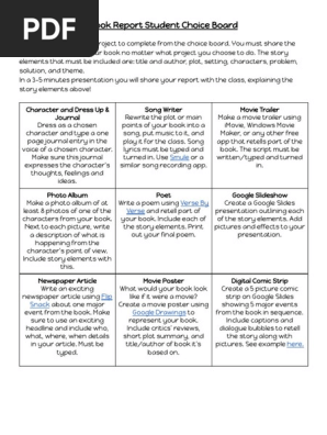 book report choice board  1 