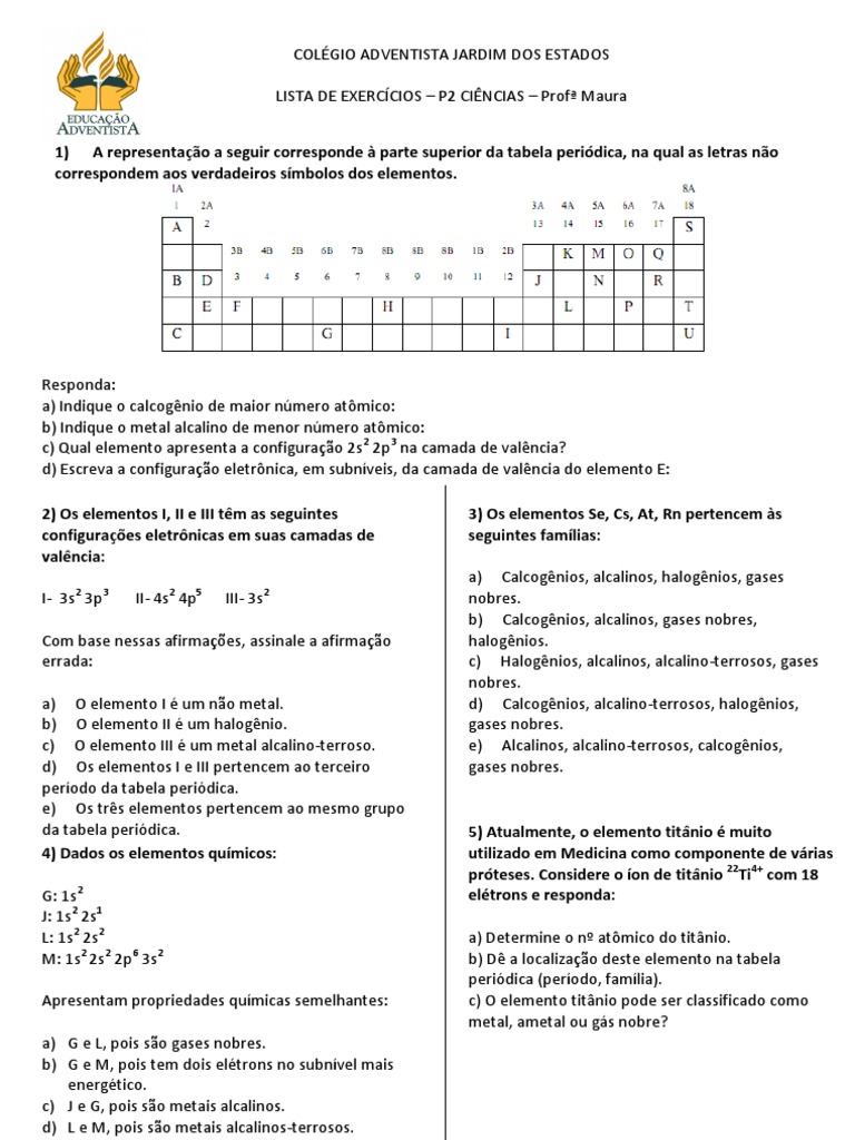 Lista de Exercícios - 9º Ano p2 - 1º Bimestre | PDF | Tabela Periódica ...