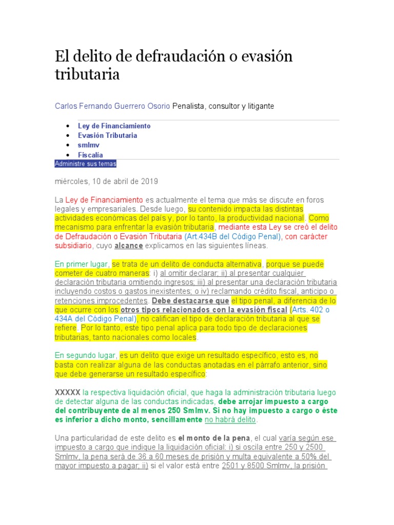 El Delito de Defraudación o Evasión Tributaria | PDF | Impuestos ...
