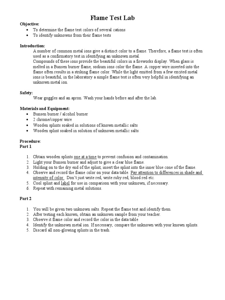Flame Test Lab Objective PDF Sets Of Chemical Elements Metallic