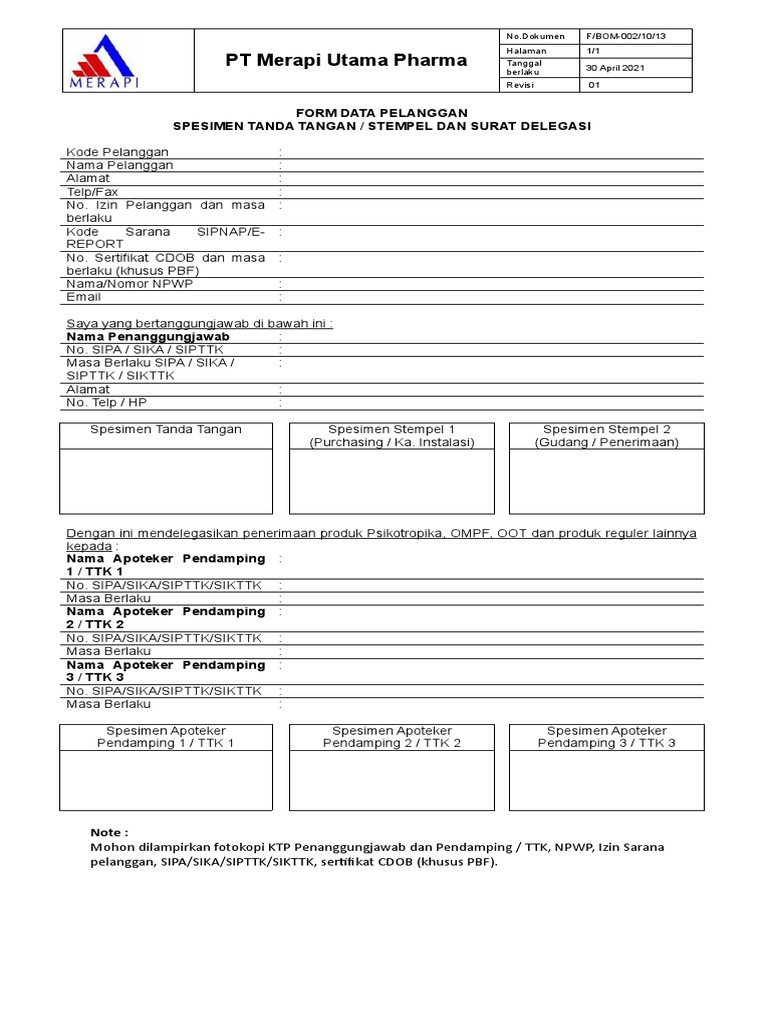 002 Form Data Pelanggan, Spesimen TT & Surat Delegasi | PDF