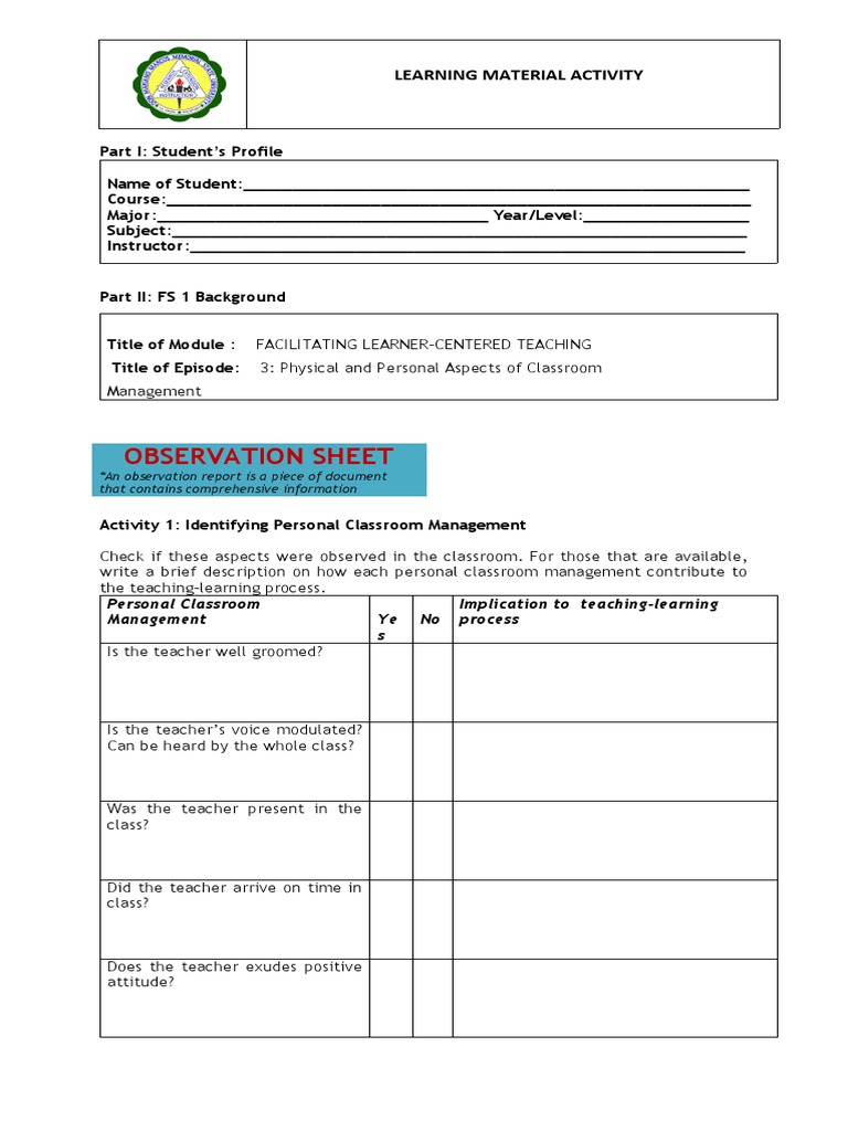 Classroom Management Observation Guide | PDF | Classroom Management ...