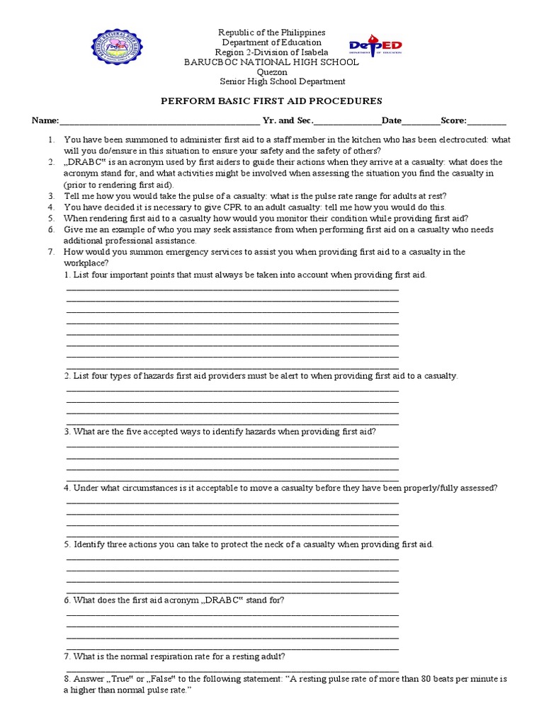 Perform Basic First Aid Procedures PDF First Aid Health Sciences