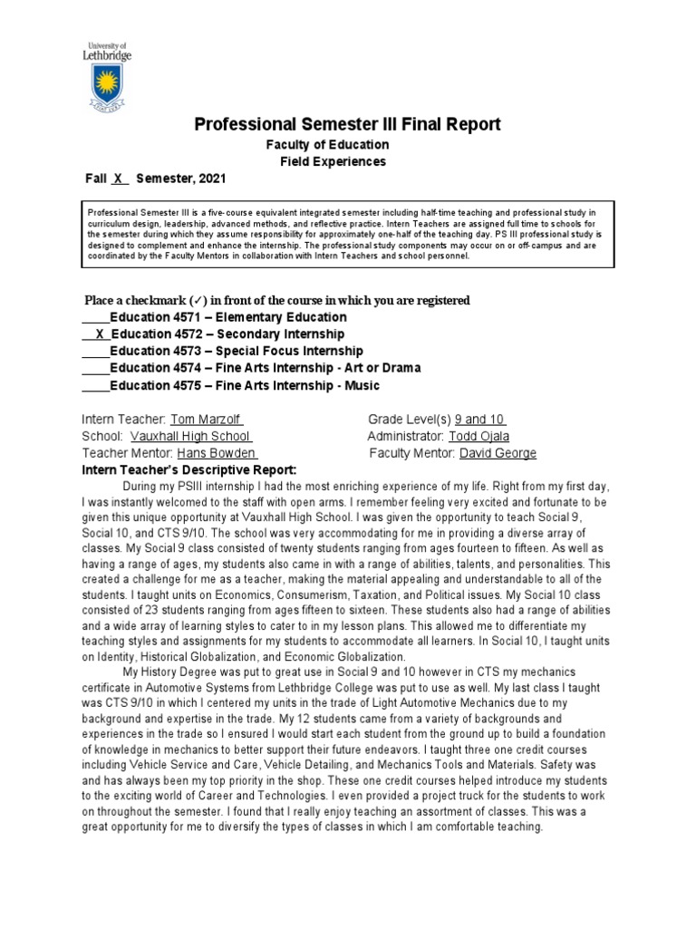 Professional Semester III Final Report PDF Teachers Job Hunting