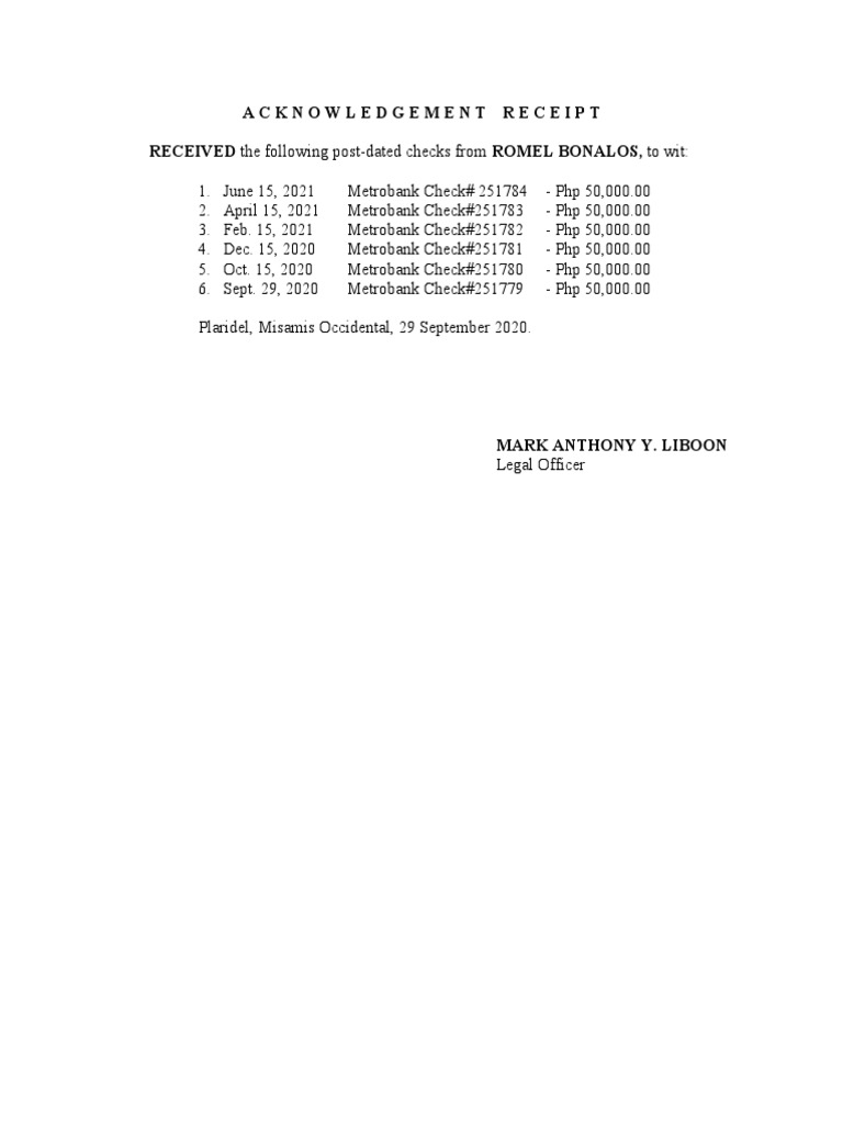 Acknowledgment of Post-Dated Checks | PDF | Finance & Money Management