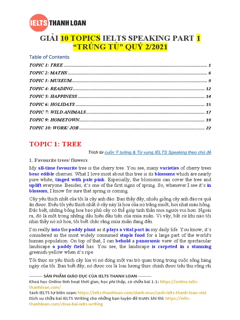 Giải 10 Topics Ielts Speaking Part 1 "Trúng Tủ" Quý 2 - 2021 | PDF