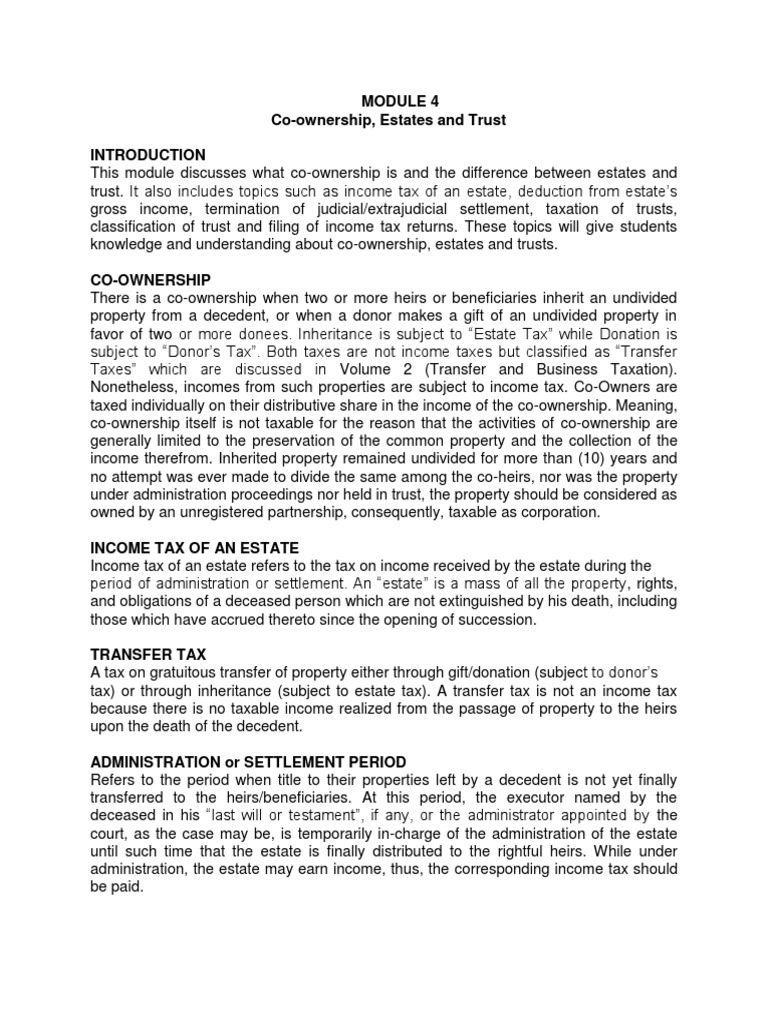Tax 301 Income Taxation Module 4 Co Ownership Estates And Trust Pdf