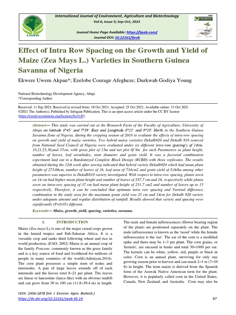 Effect of Intra Row Spacing On The Growth and Yield of Maize (Zea Mays ...