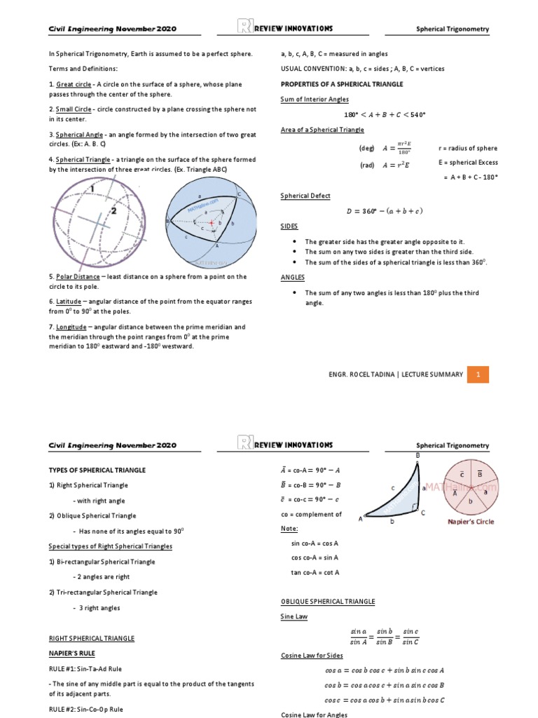 Spherical Trigonometry Lecture Summary PDF Sphere Triangle