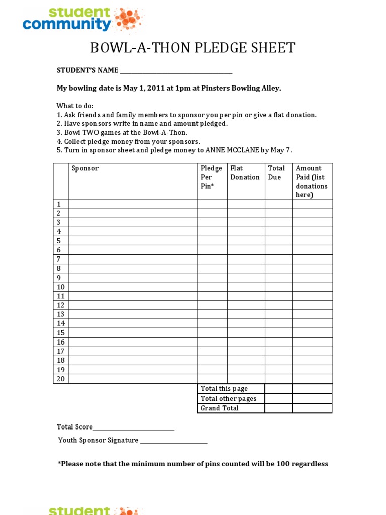 Bowl-A-Thon Pledge Sheet | PDF | Sports Equipment | Leisure