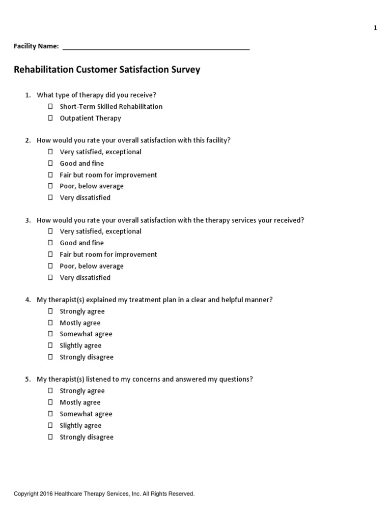 Rehabilitation Satisfaction Customer Survey1 | PDF | Physical Therapy ...