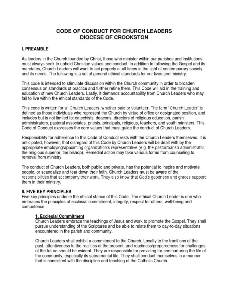 Code Of Conduct For Church Leaders Diocese Of Crookston I Preamble