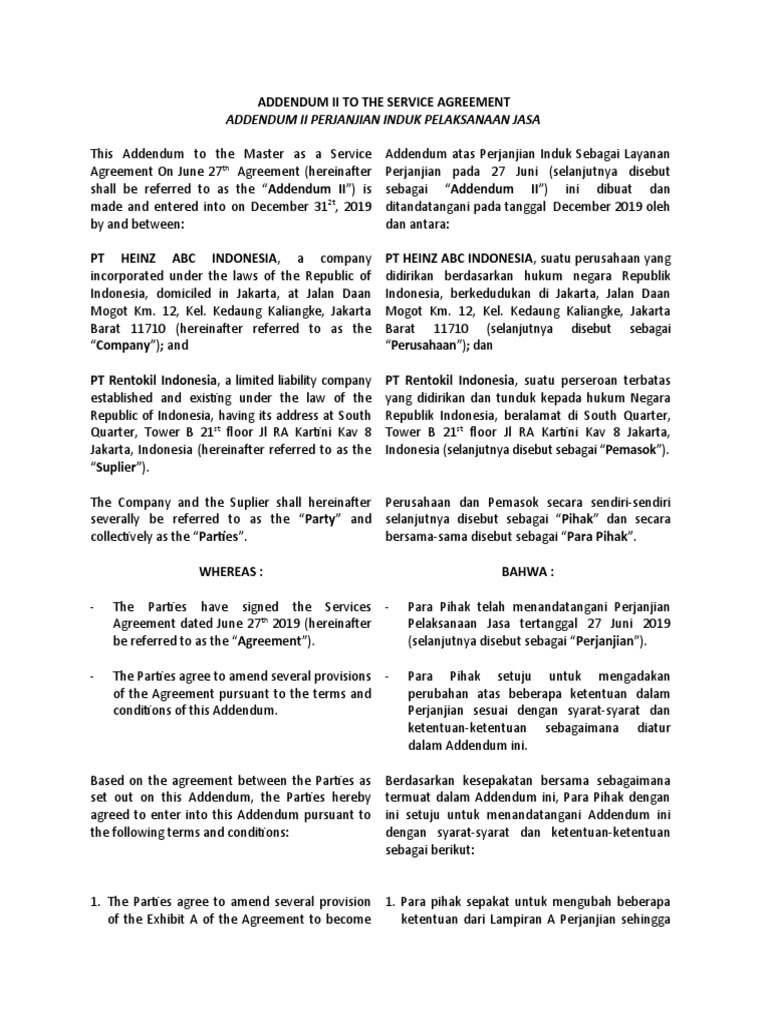 Addendum II Perjanjian Jasa Rentokil | PDF | Bisnis | Pengelolaan ...