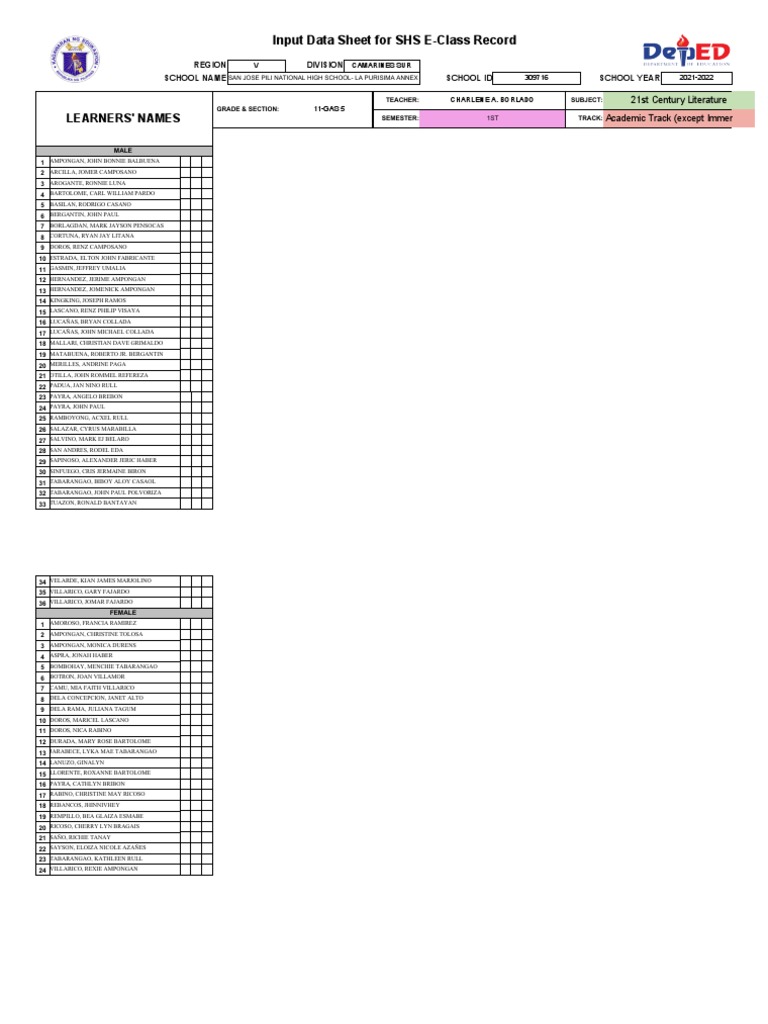 Learners names input data sheet for shs e class record pdf