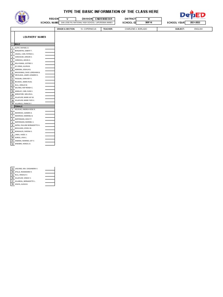 Class Record for Grade 10 English | PDF