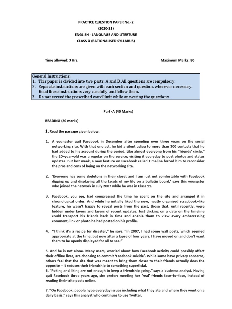 Practice Question Paper No. 2 (2020 21) English Language and Literture